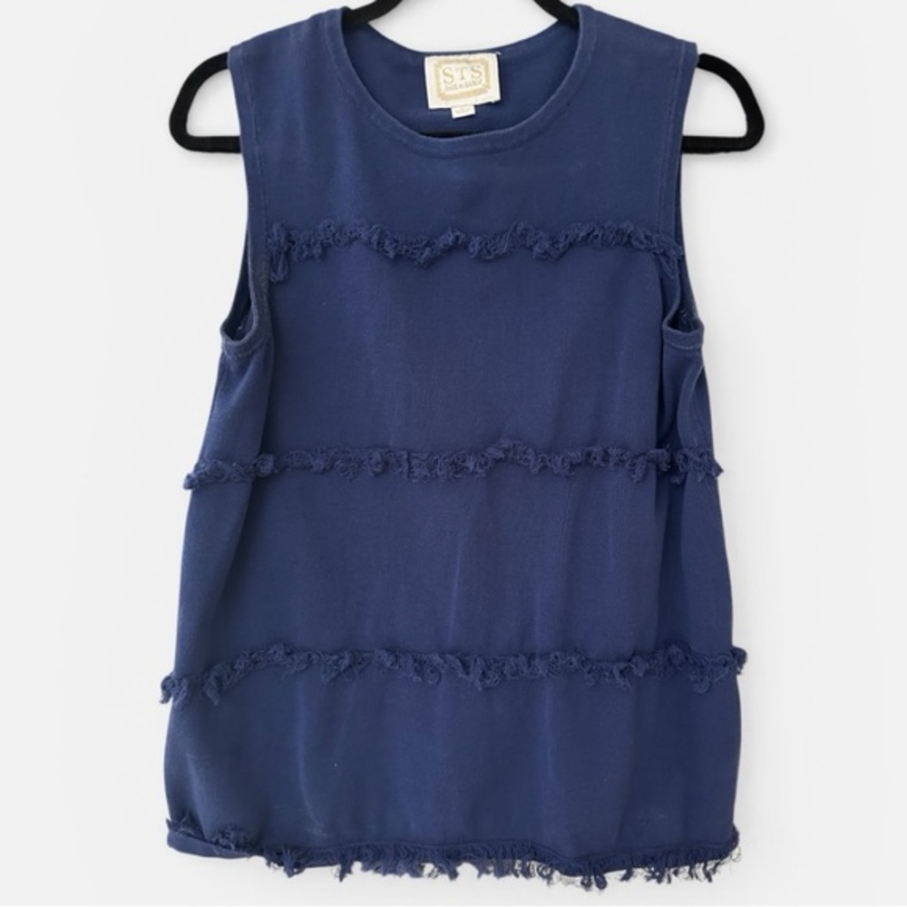 Sail to Sable Navy Sleeveless Fringe-Trim Tank
